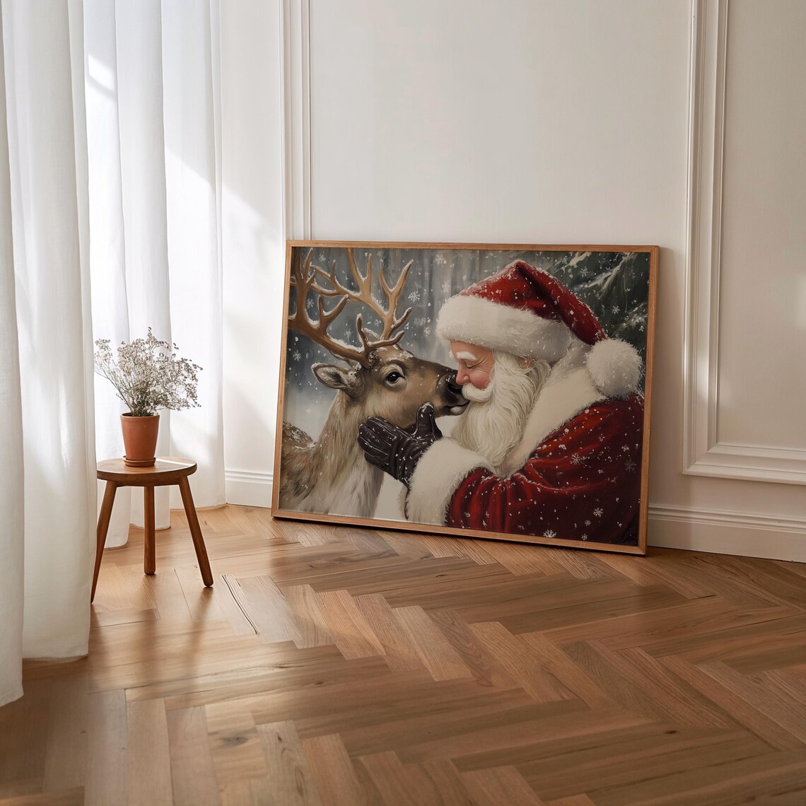 Santa Claus Nuzzling Reindeer Snowfall Vintage Christmas Art Poster - Image 3