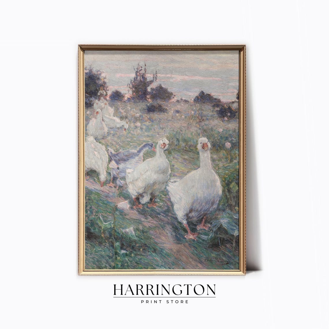 White Geese Meadow Path Vintage Impressionist Country Art Poster
