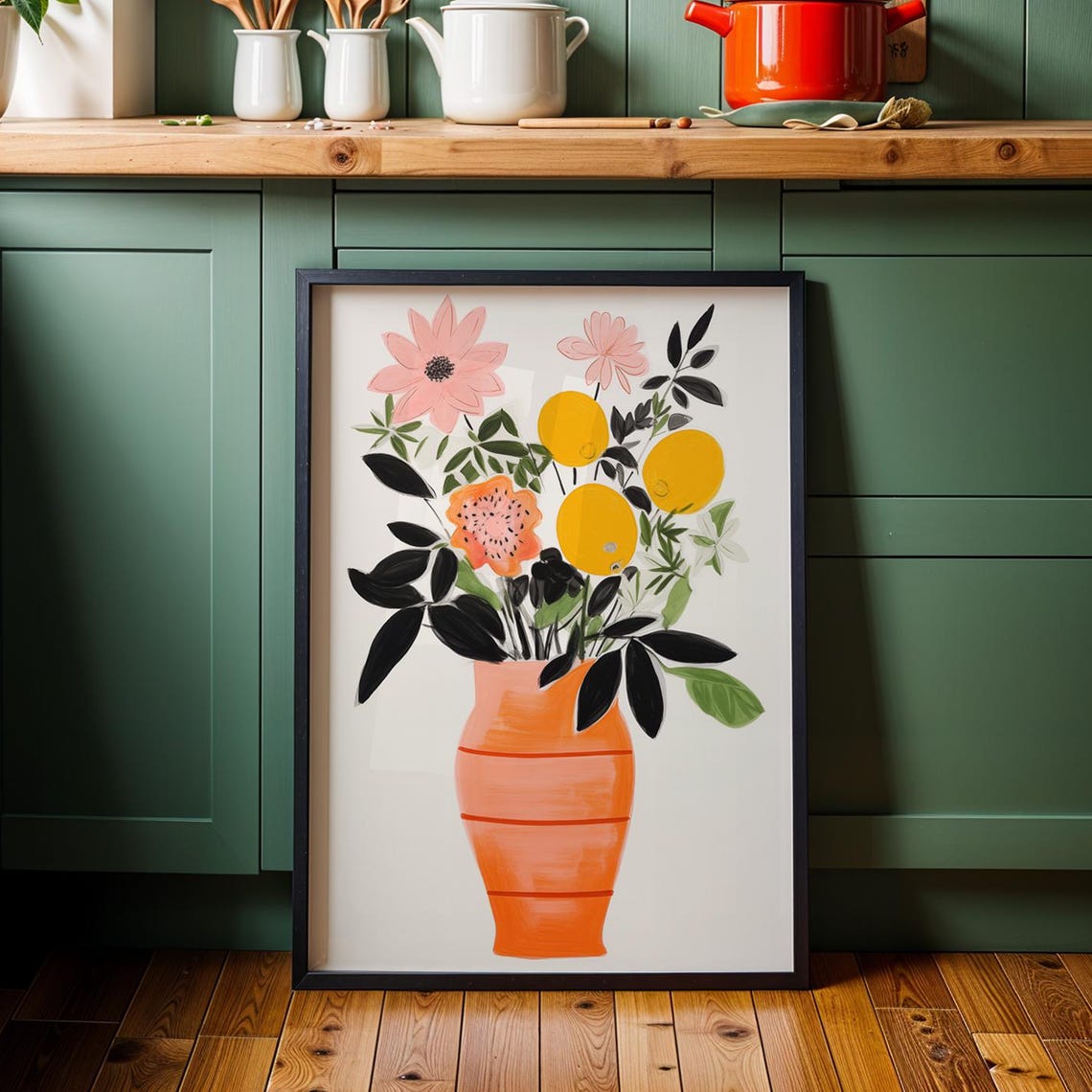 Bold Floral Bouquet With Lemons In Orange Vase Kitchen Poster