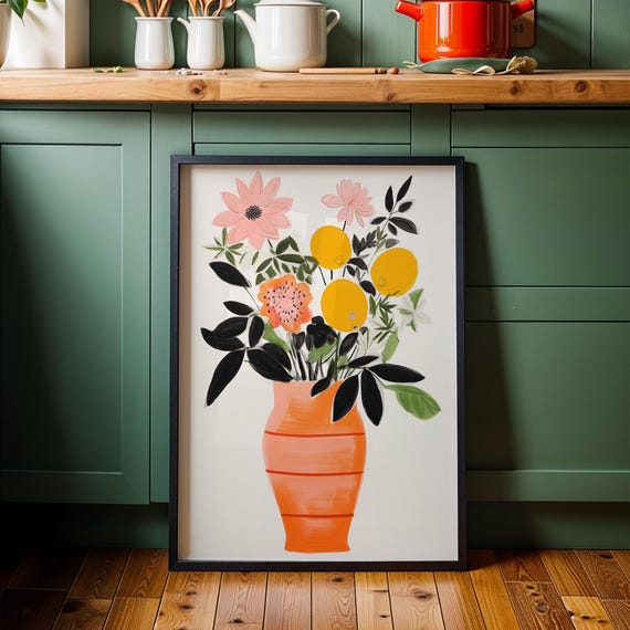 Bold Modern Floral Print Colorful Bouquet In Orange Vase Art Playful Botanical Wall Decor For Kitchen Or Studio