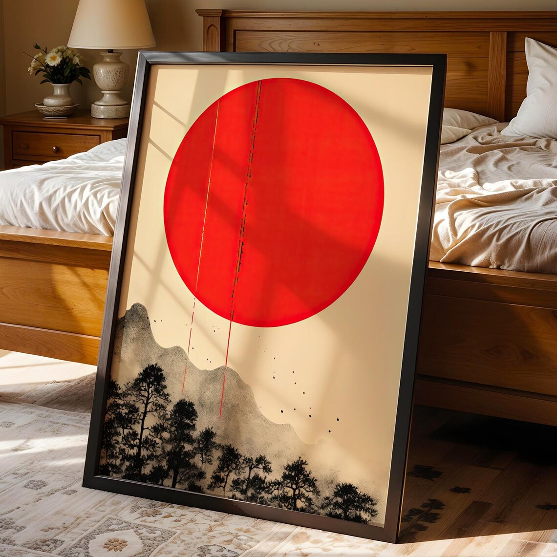Japanese Red Sun Ink Landscape Pine Mountain Minimalist Poster