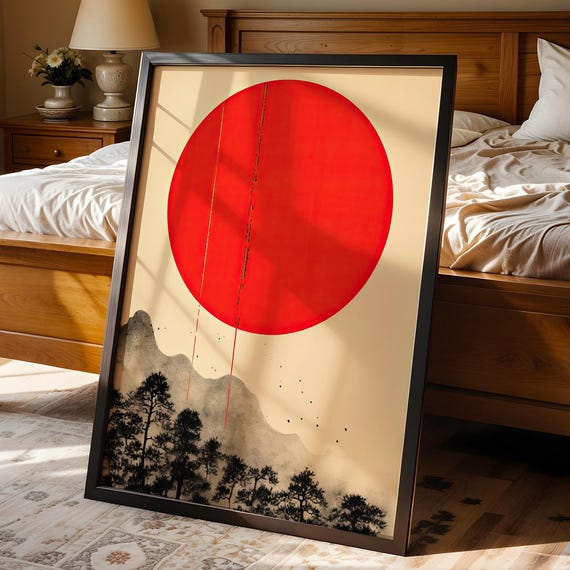Japanese Sun And Mountain Ink Landscape Minimalist Red Wall Art Zen Nature For Modern Decor Architecture