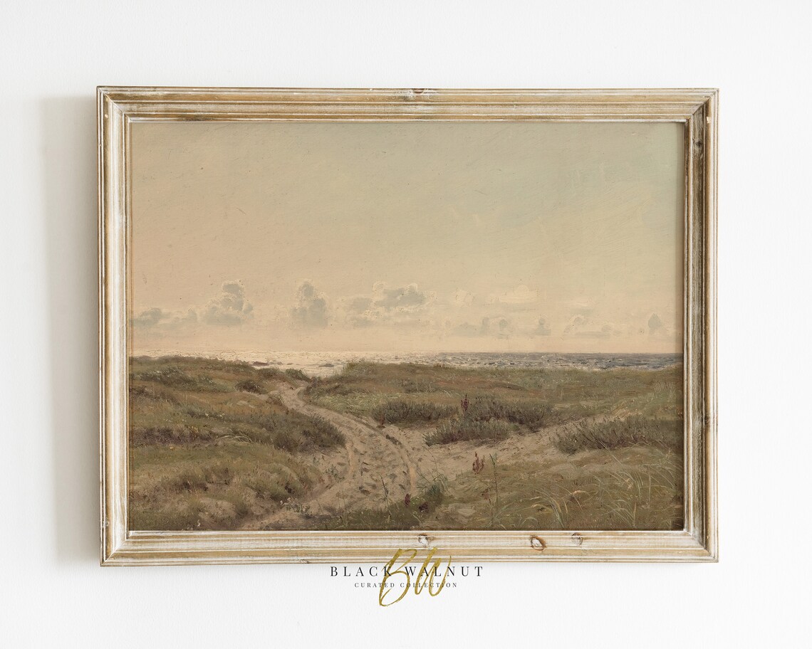 Vintage Beach Print Coastal Landscape Painting Print Of Antique Oil Painting Neutral Horizontal Wall Art Summer Coastal Print