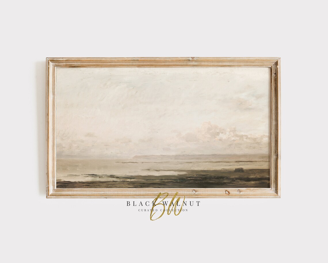 Muted Coastal Sea Under Pale Cloudy Sky Vintage Minimal Landscape Poster