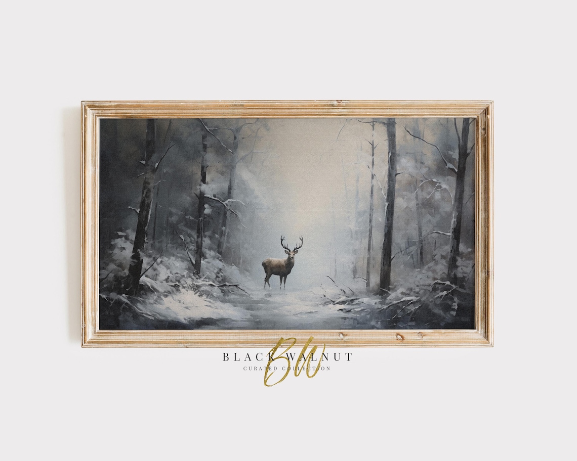 Deer In Snow Winter Landscape, Holiday Decor