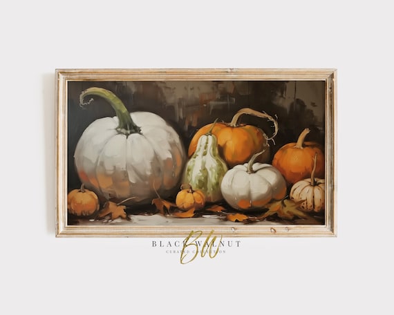 Vintage Pumpkin Gourds Still Life Oil Painting White Orange Rustic Fall Art Poster