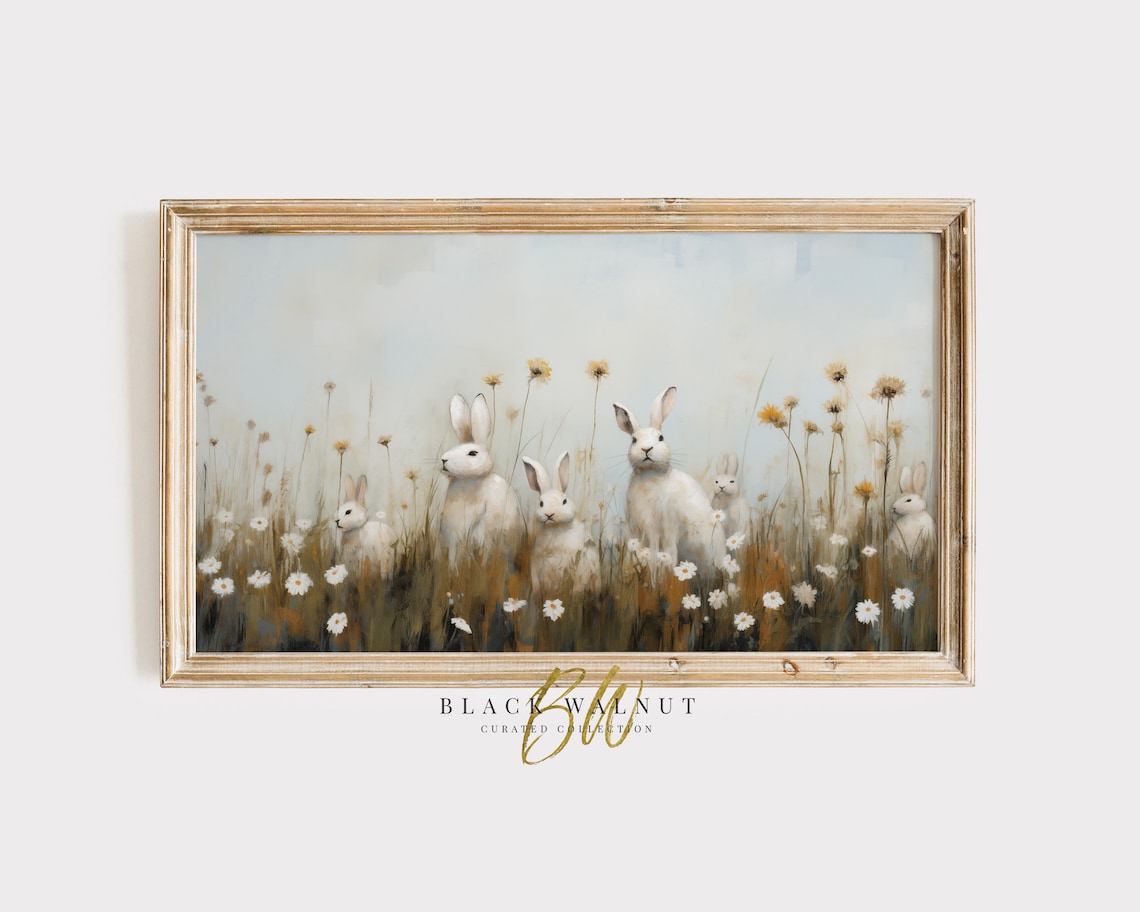 Easter Bunny Rabbits in a Spring Wildflower Field, Art Print