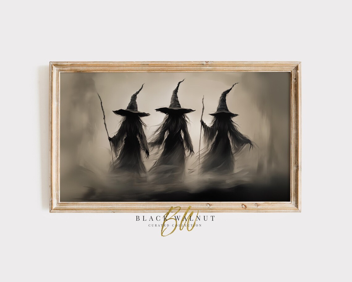 Three Witches Foggy Night Silhouette Dark Gothic Halloween Art Painting Poster