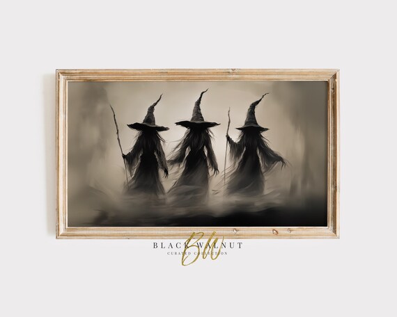Three Witches Foggy Night Silhouette Dark Gothic Halloween Art Painting Poster