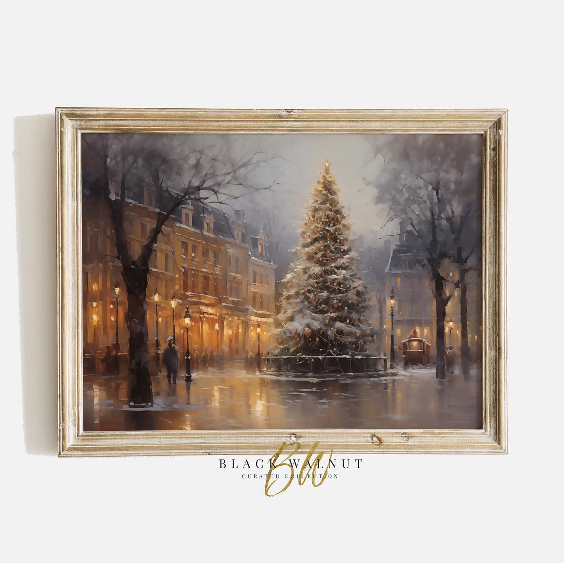 Vintage European Old Town Painting Christmas Village Winter Landscape Wall Art Holiday Decor Farmhouse Print