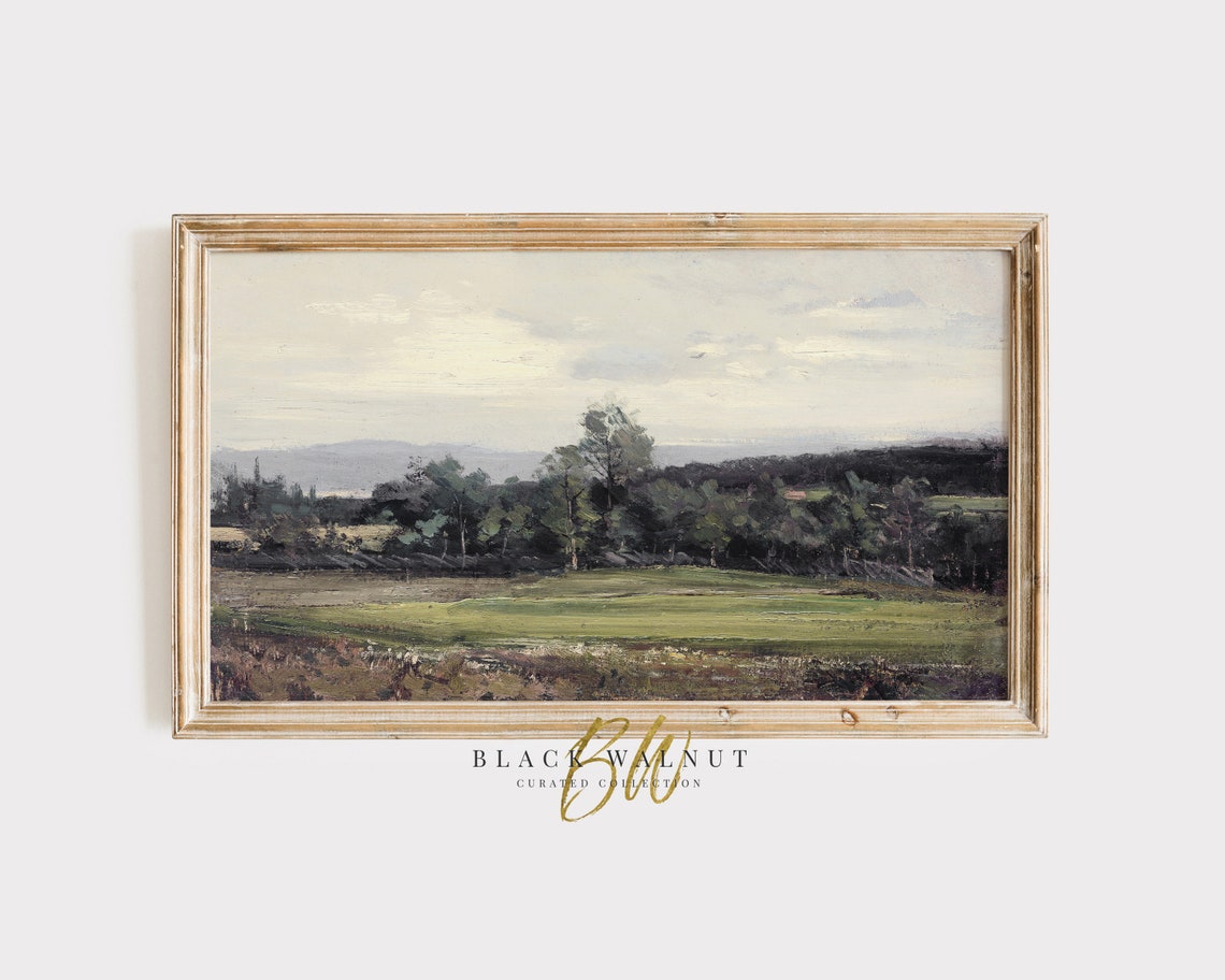 Frame Tv Art Green Country Vintage Landscape Painting Summer Field Painting French Country Farmhouse Decor