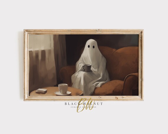 Cozy Ghost Drinking Coffee Halloween Vintage Spooky Art Poster