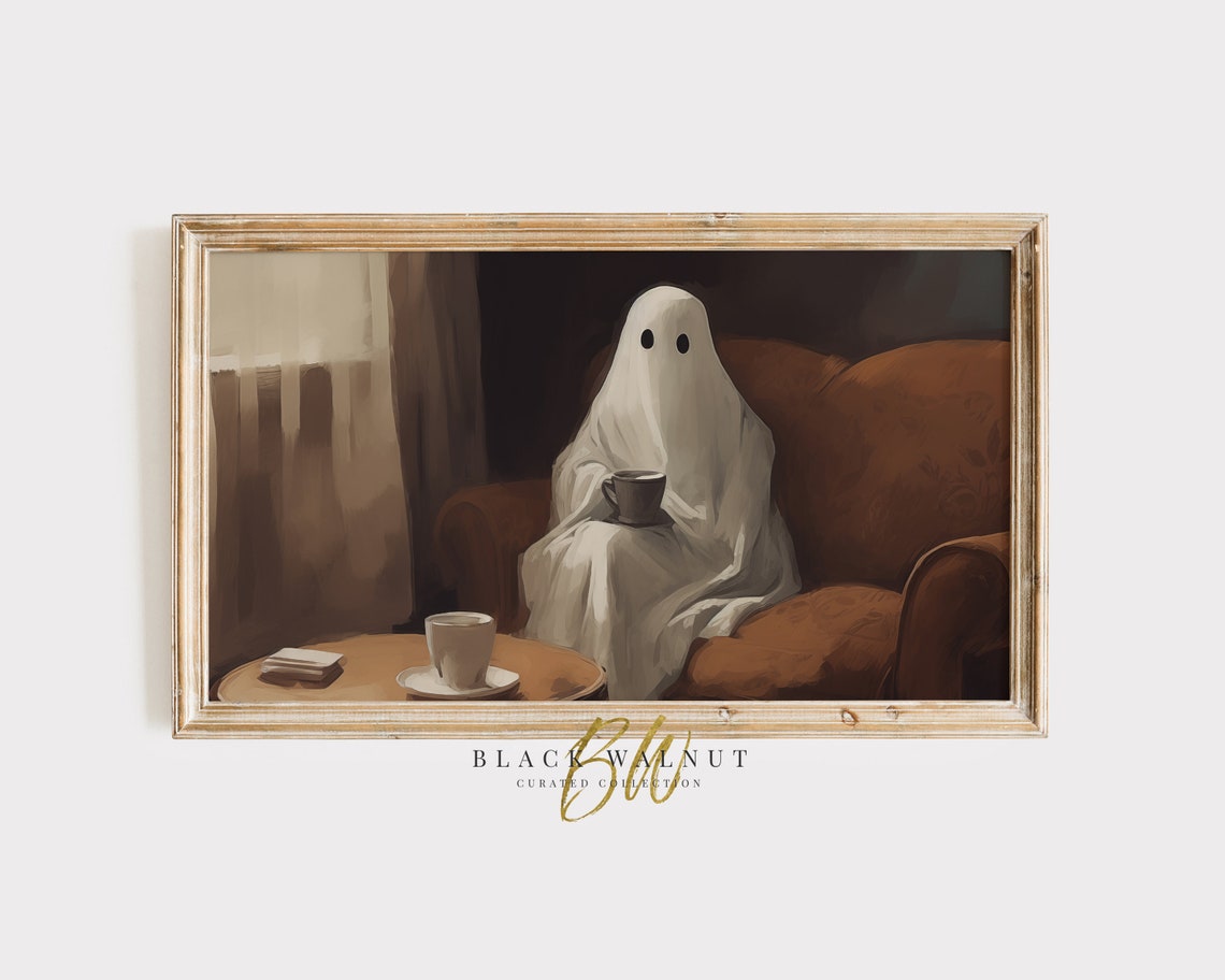 Cozy Ghost Drinking Coffee Halloween Vintage Spooky Art Poster