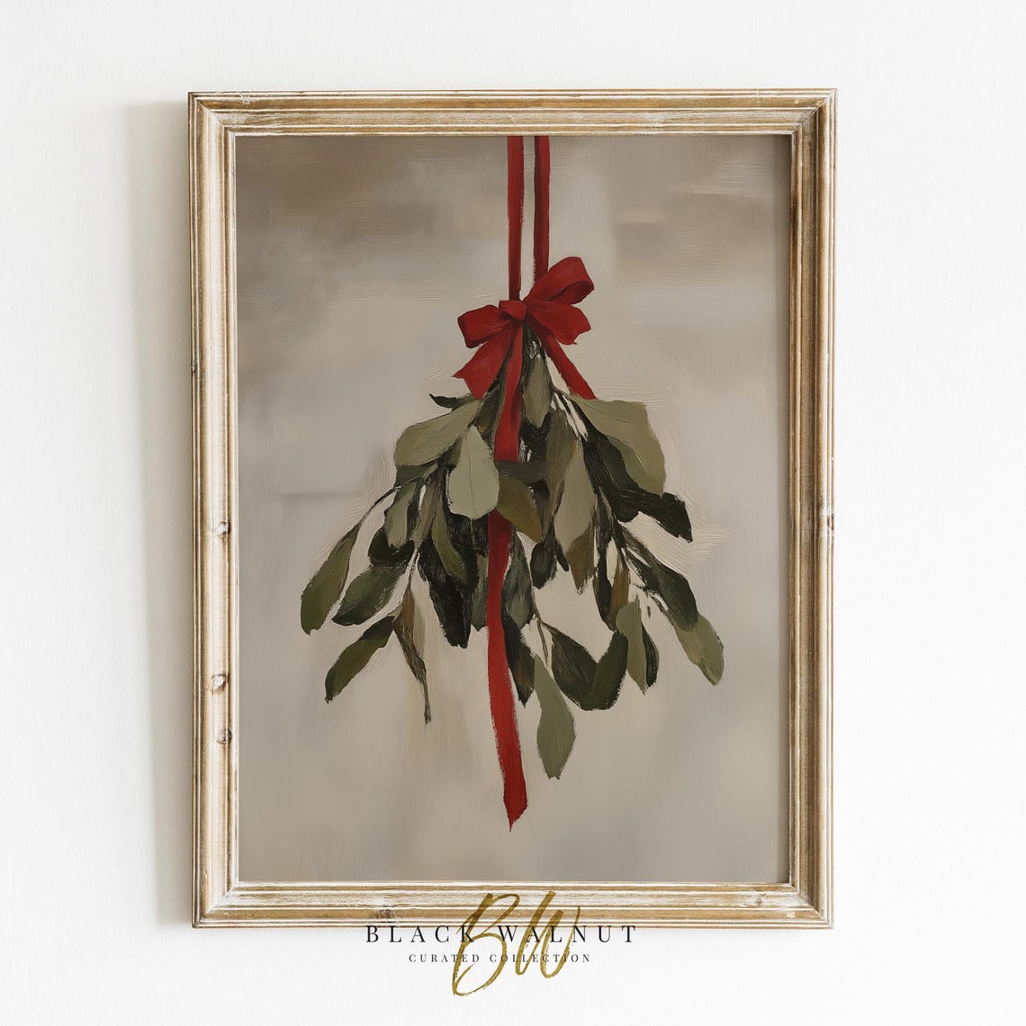 Hanging Mistletoe with Red Ribbon Bow Christmas Holiday Art Poster