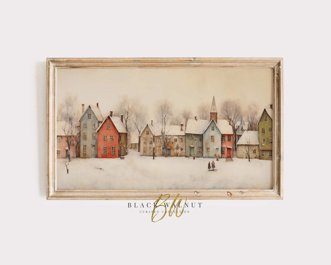 Pastel Winter Village Snowy Houses Christmas Town Holiday Wall Poster