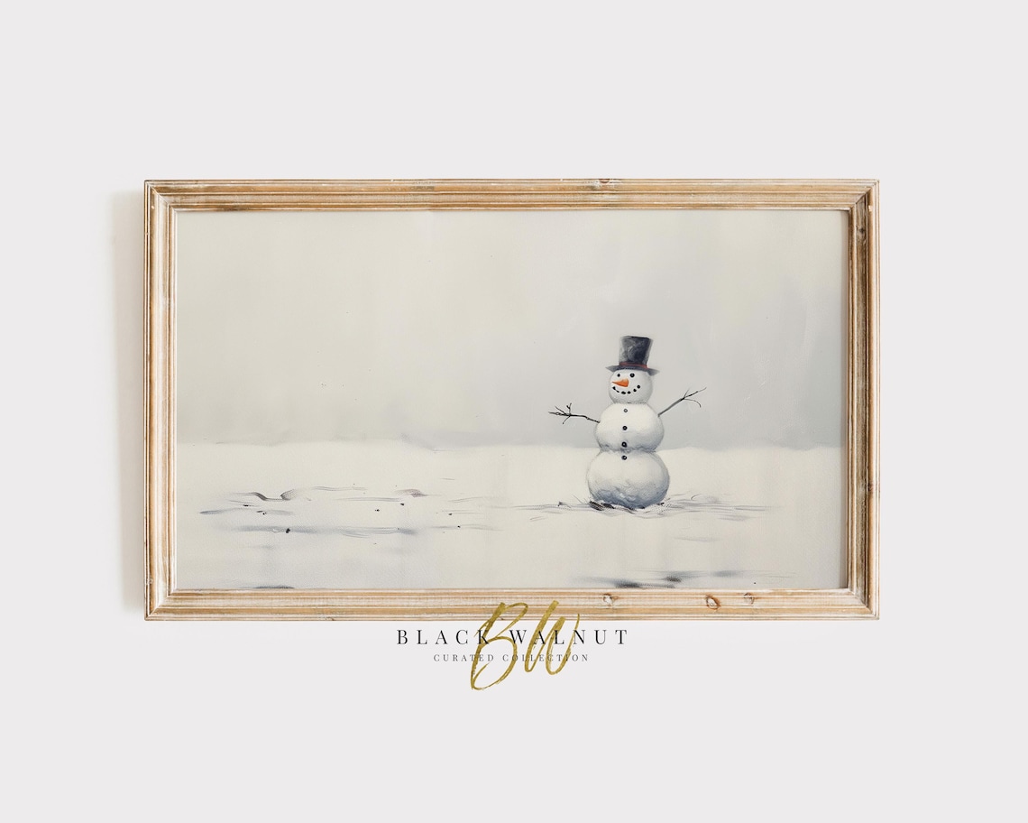 Frame Tv Snowman Art Minimalist Neutral Winter Painting Farmhouse Christmas Seasonal Holiday Decor Snowy Landscape