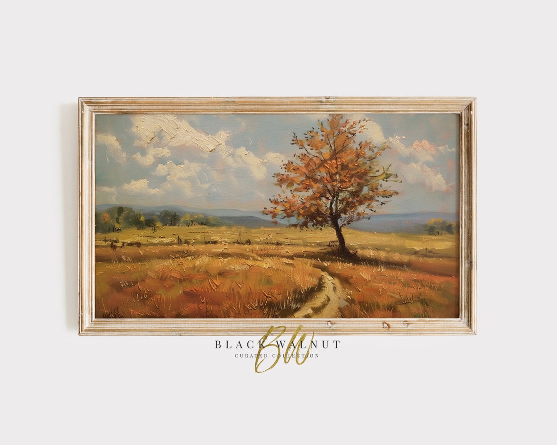 Autumn Meadow Lone Orange Tree Vintage Oil Painting Landscape Wall Art