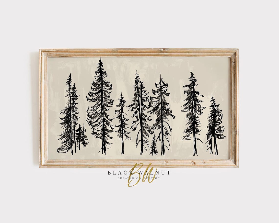 Minimalist Ink Sketch Tall Pine Trees Row Neutral Drawing Poster