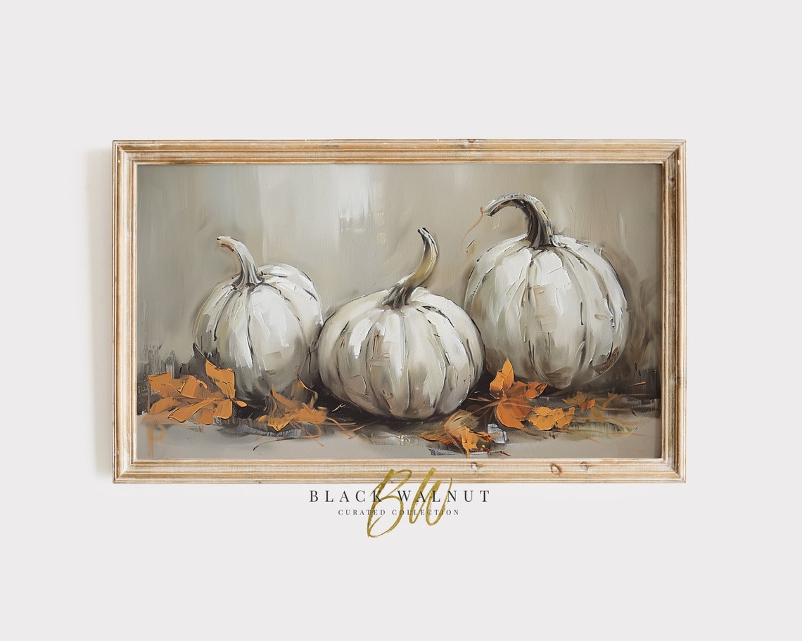 Three White Pumpkins with Fall Leaves Rustic Harvest Still Life Poster