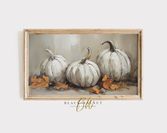 Three White Pumpkins with Fall Leaves Rustic Harvest Still Life Poster
