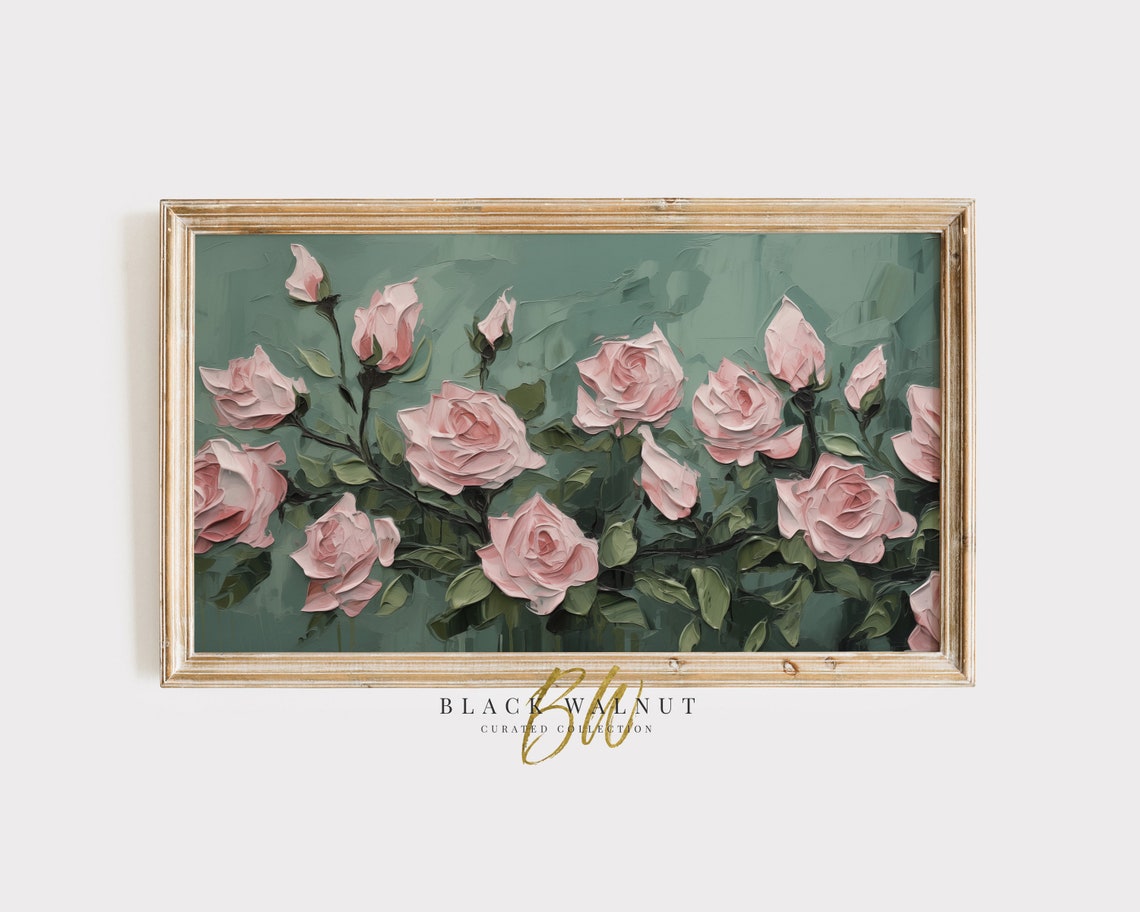 Pink Roses Branch Sage Green Impasto Textured Floral Art Poster