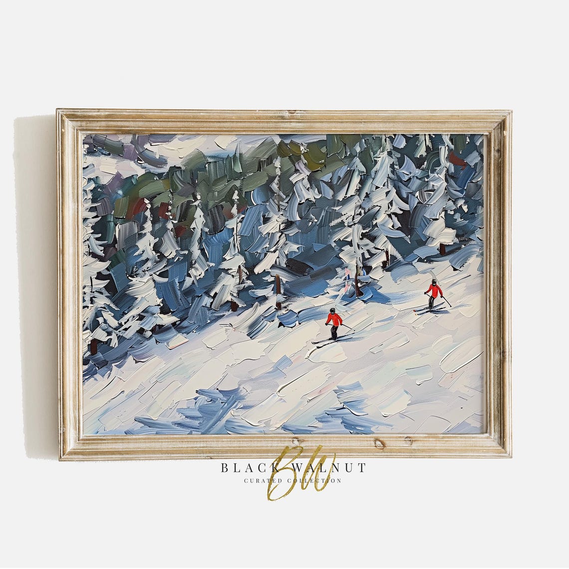 Winter Ski Slope Abstract Snowy Pines Red Skier Oil Painting Poster