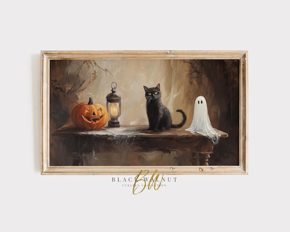 Black Cat With Ghost And Jack O Lantern Vintage Halloween Art Print Poster