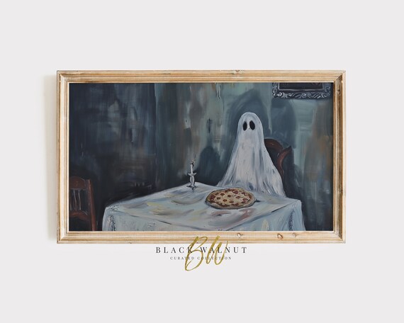 Funny Ghost Eating Pizza At Table Moody Vintage Halloween Art Print Poster
