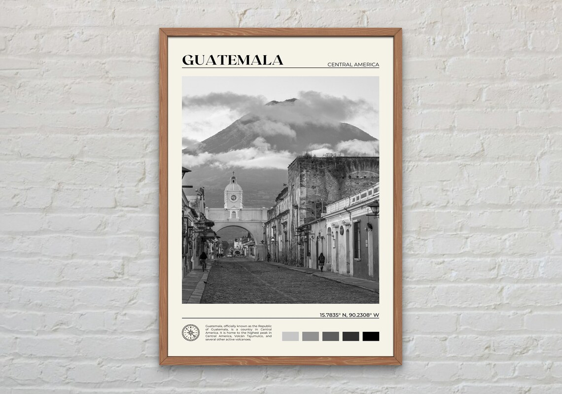 Guatemala Antigua Arch and Volcano Black and White Street Poster