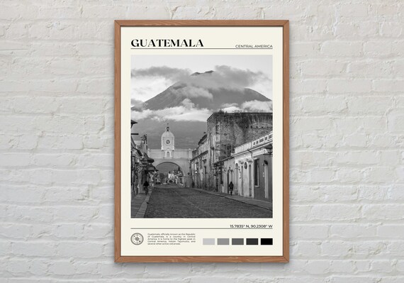 Guatemala Antigua Arch and Volcano Black and White Street Poster