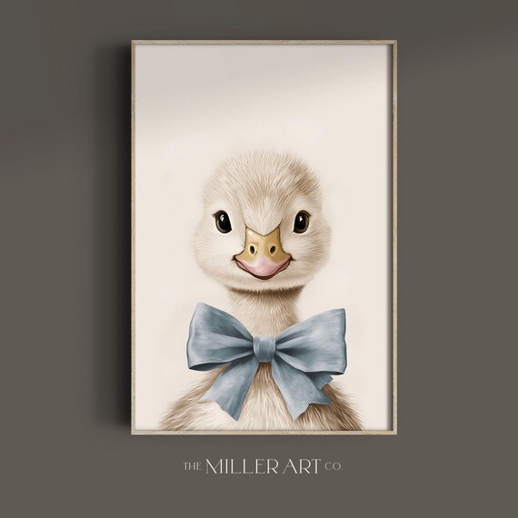 Goose In Blue Bow Art Print Whimsical Nursery Decor