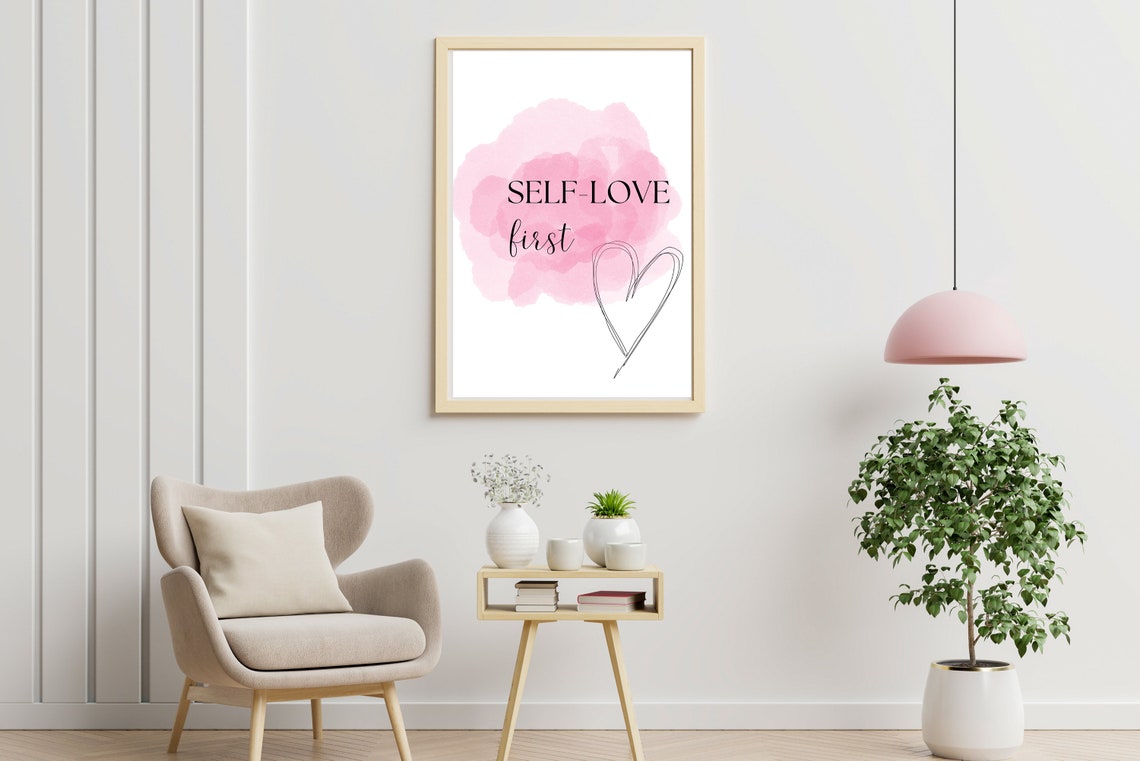 Self Love First Pink Watercolor Heart Line Inspirational Quote Poster