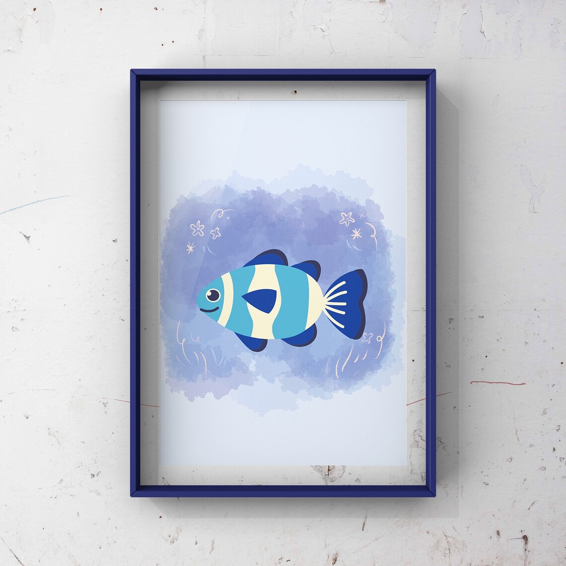 Cute Blue Striped Fish Cartoon Kids Room Nursery Ocean Animal Poster - Image 3