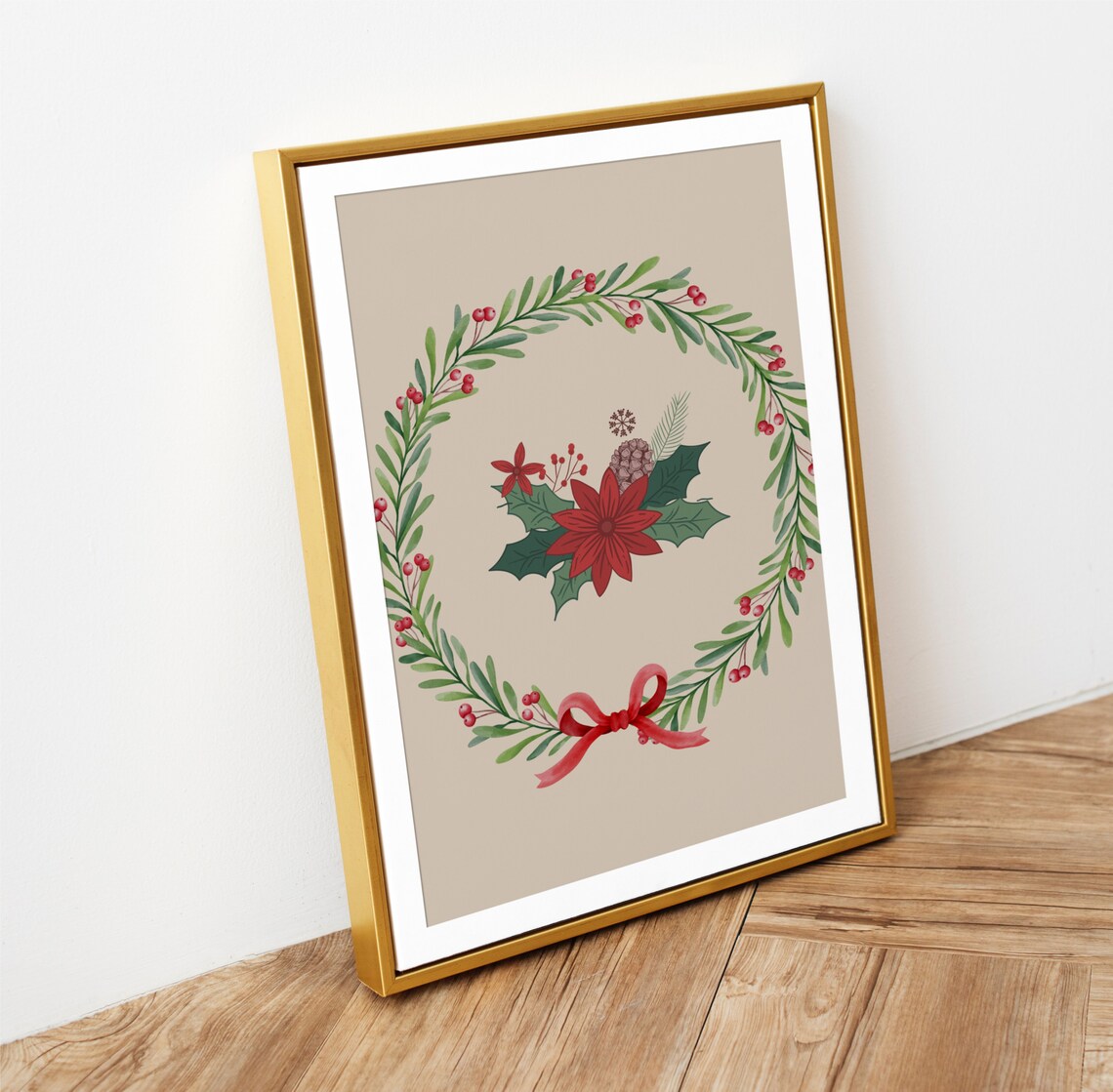 Christmas Wreath Poinsettia Holly Pinecone Red Bow Watercolor Poster - Image 2
