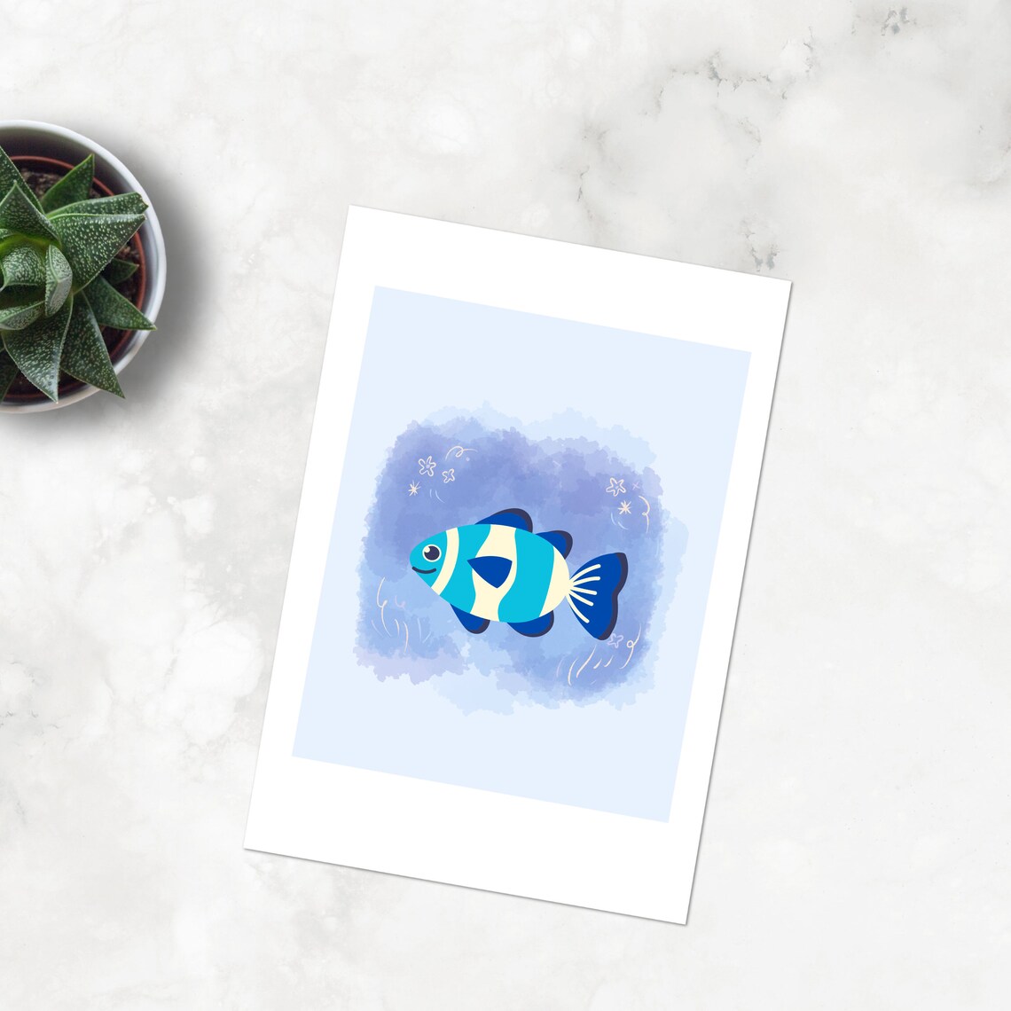 Cute Blue Striped Fish Cartoon Kids Room Nursery Ocean Animal Poster - Image 2