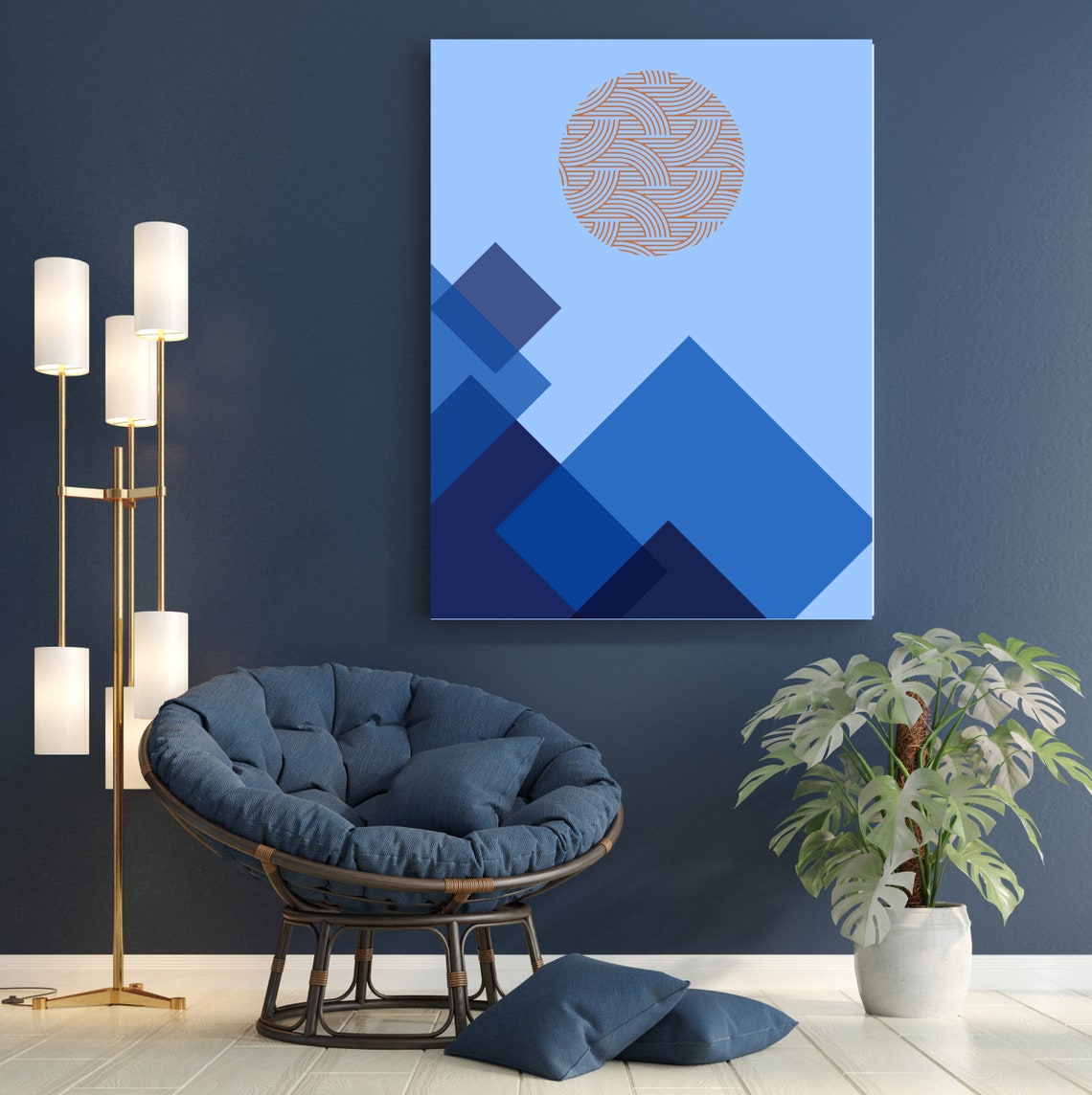 Landscape Geometric Wall Art Blues Abstract Minimalist Print Abstract Mountain And Sun Print - Image 2