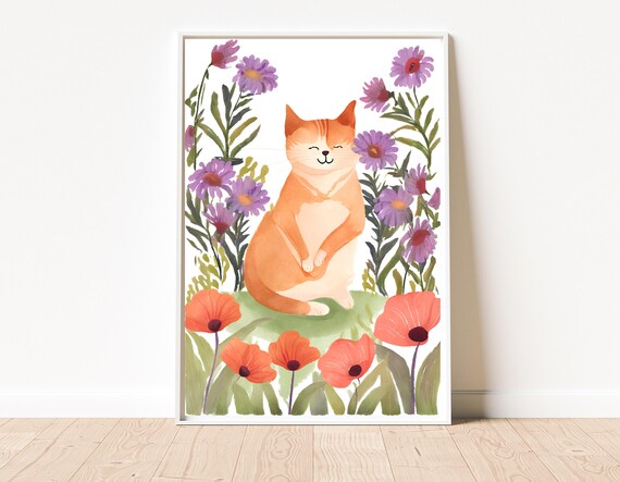 Watercolor Orange Cat Flowers Garden Nursery Kids Room Wall Poster