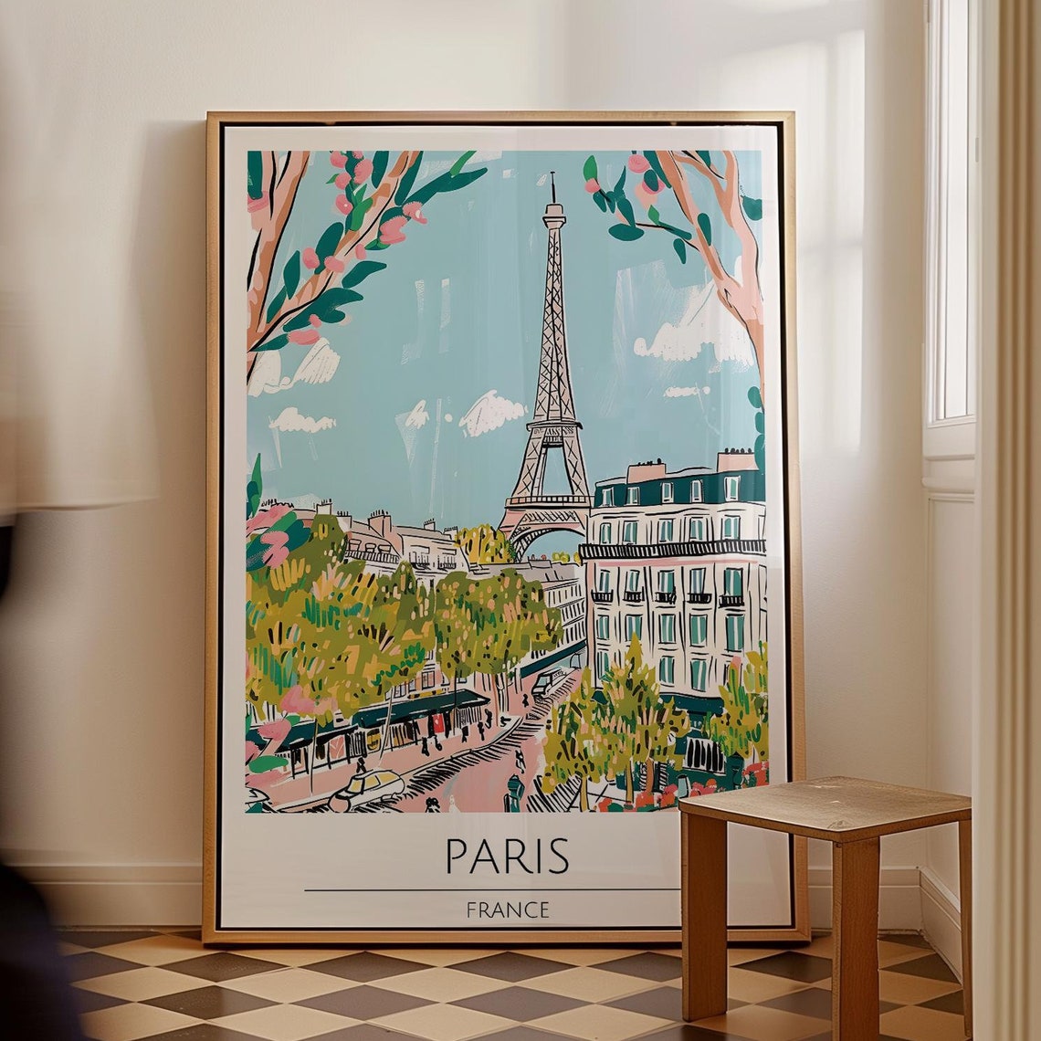 Paris France Eiffel Tower Spring Blossom Boulevard Illustration Poster