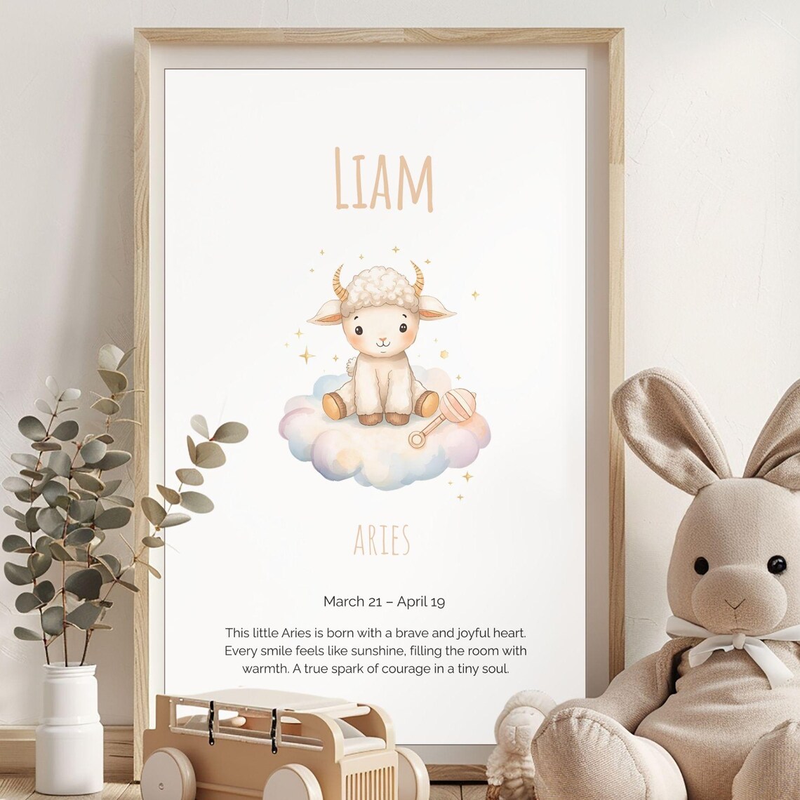 Custom Aries Baby Name Nursery Poster Personalized Zodiac Lamb Cloud Art