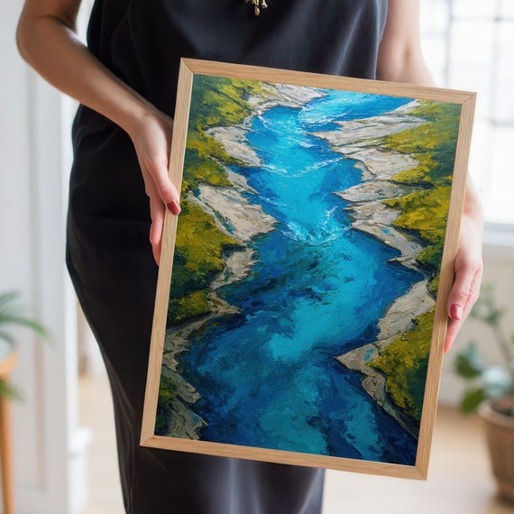 Abstract River Flow Wall Art Textured Blue Water Canyon Oil Painting Print Vibrant Nature For Modern Home Decor