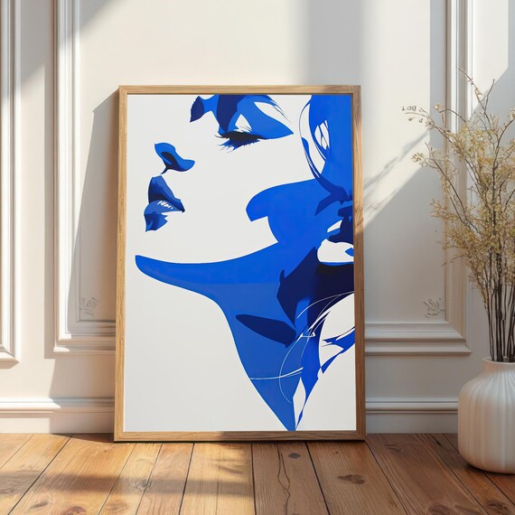 Abstract Woman Face Art Blue Graphic Illustration Expressive Wall Decor Modern Portrait Female Artistic Print