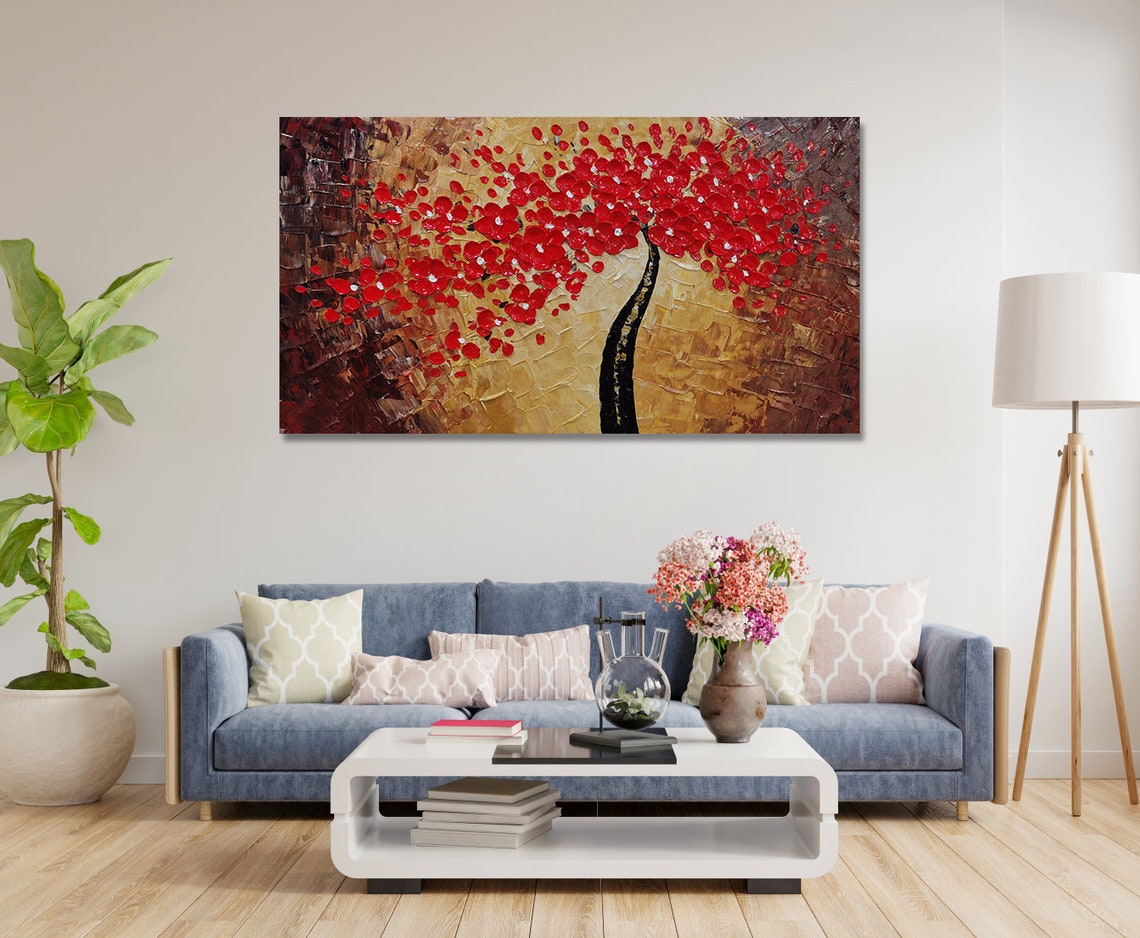 Bold Red Blossom Tree on Bronze Palette Knife Warm Floral Poster - Image 3