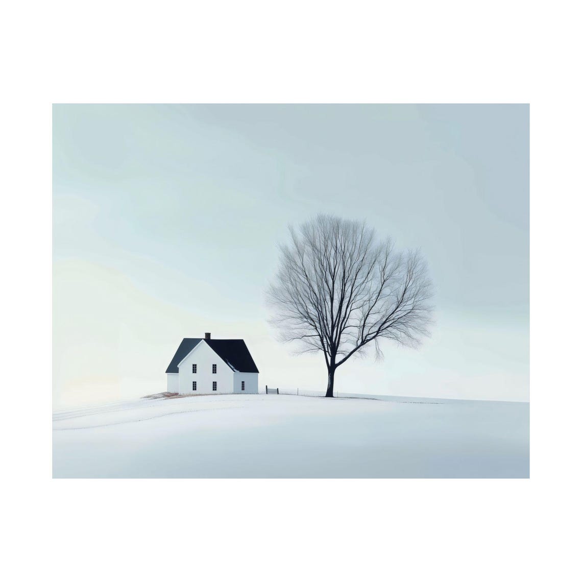 Minimalist White House And Bare Tree On Snowy Hill Winter Poster - Image 3