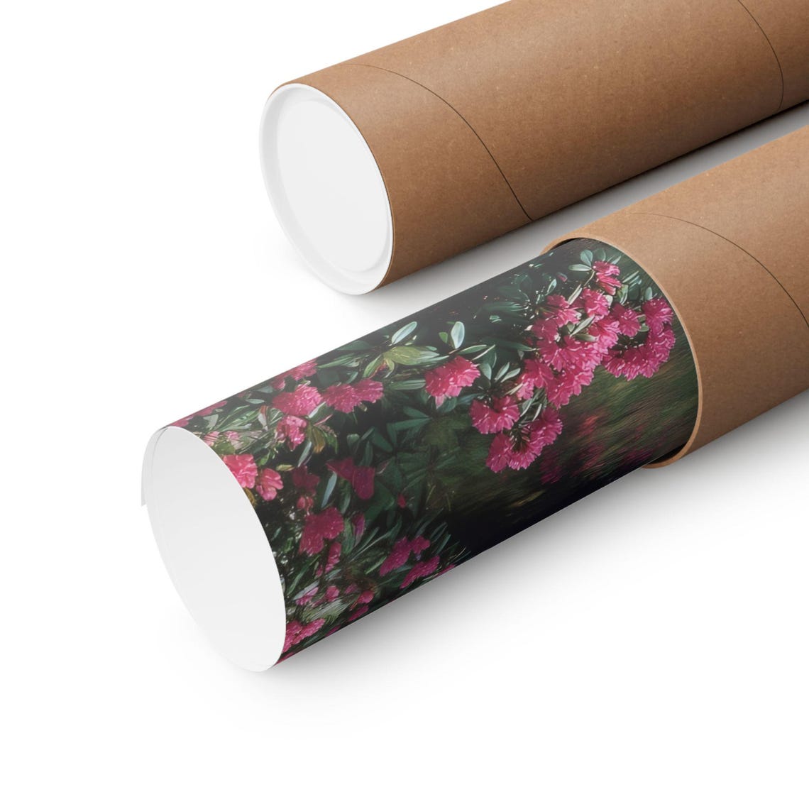 Lush Forest Stream Waterfall Pink Blossoms Mossy Rocks Poster - Image 2