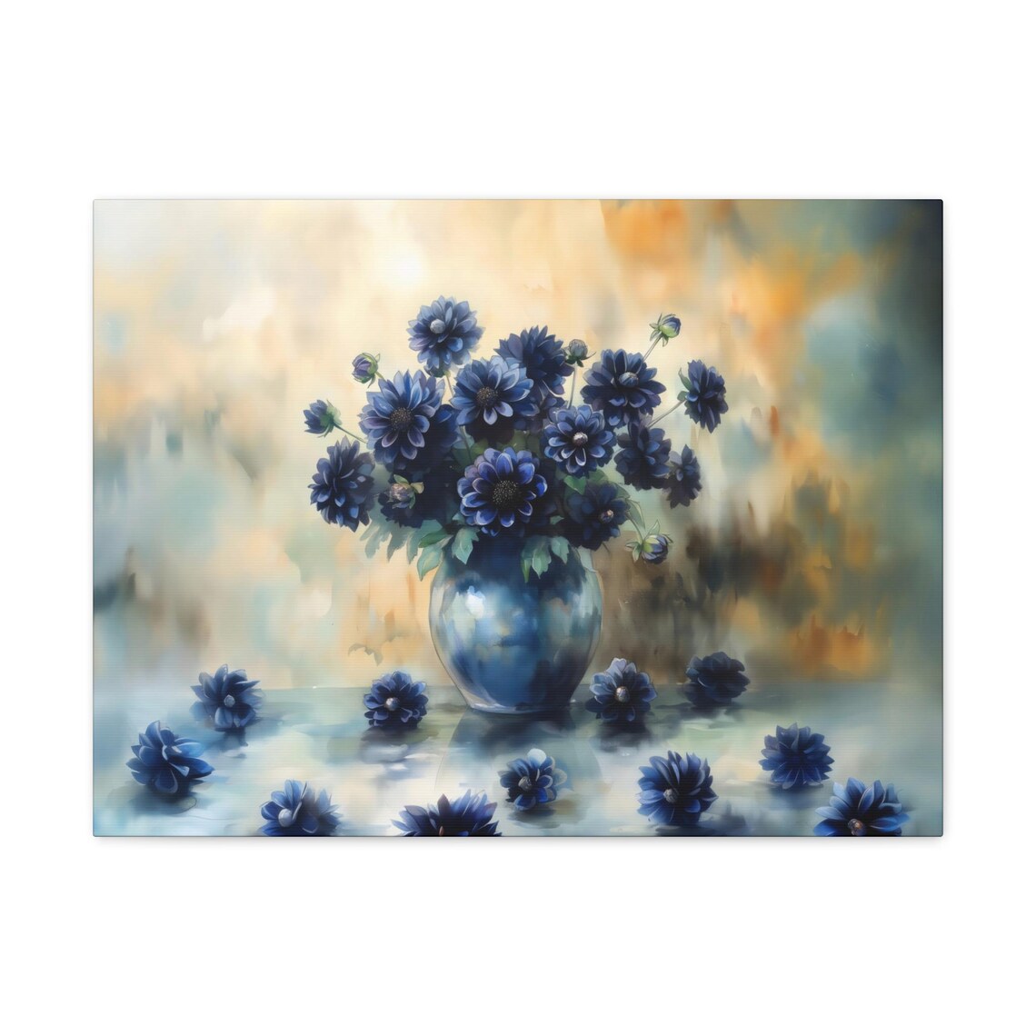 Dark Blue Dahlias in Vase Golden Haze Watercolor Floral Poster - Image 2