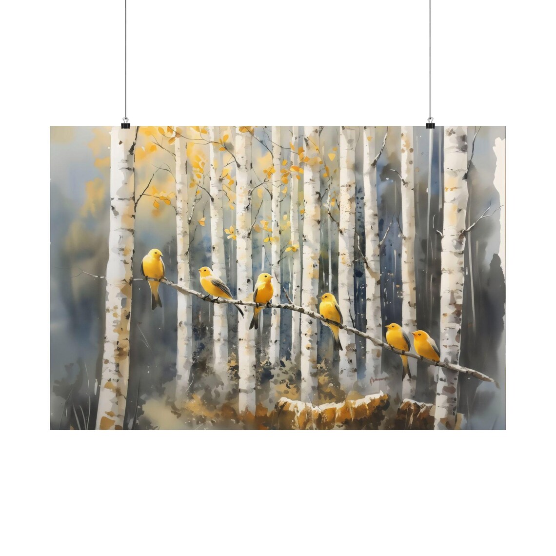 Golden Songbirds Perched In Autumn Aspen Grove Painting Wall Art