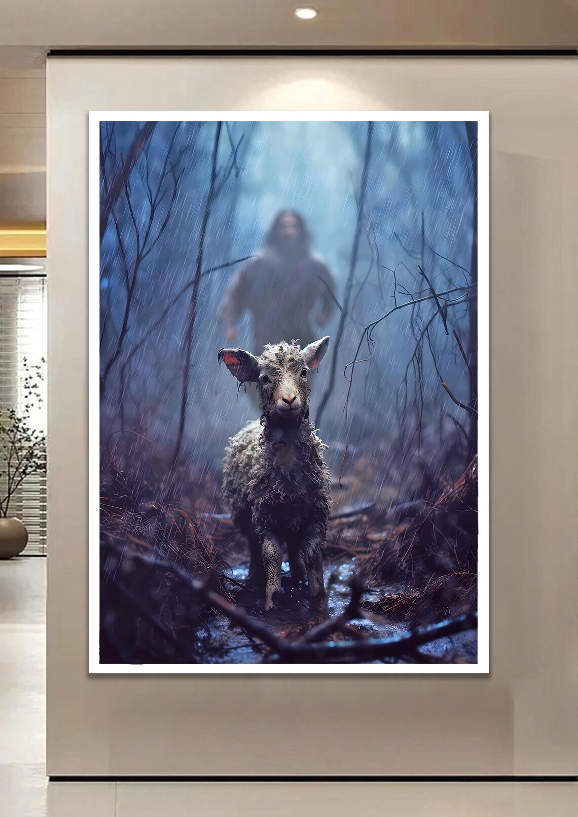 Shepherd In Moonlit Forest Guiding Lost Lamb Pastoral Scene Poster
