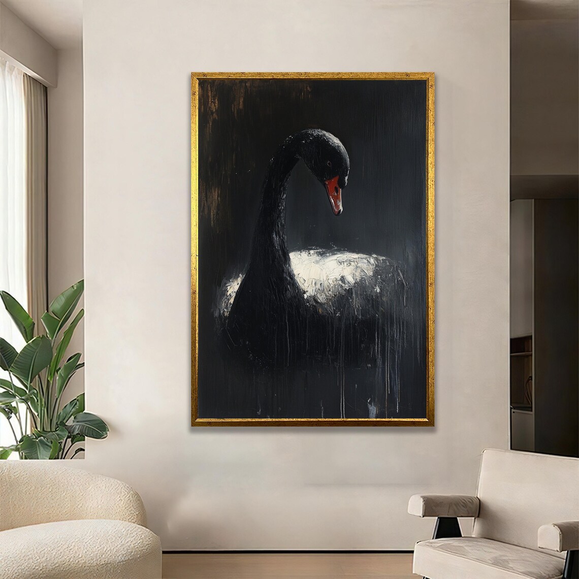 Black Swan Moody Dark Oil Painting Elegant Modern Bird Portrait Poster