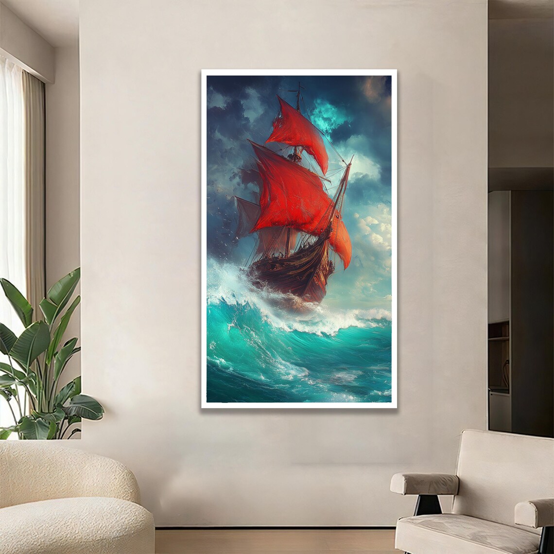 Tall Ship With Red Sails On A Turquoise Stormy Sea Art Poster