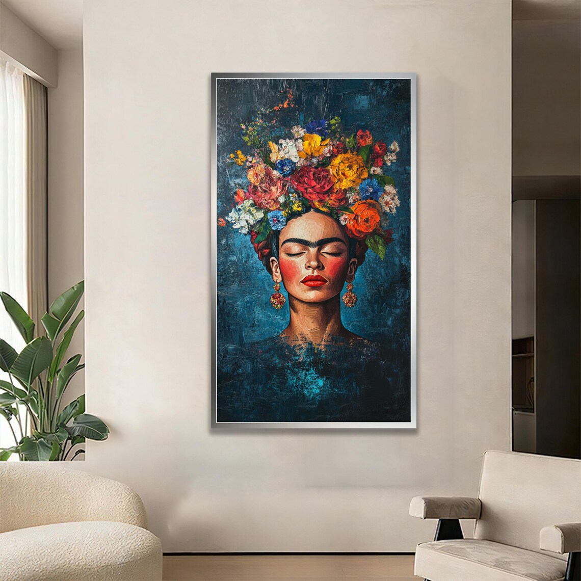 Frida Kahlo Portrait Colorful Flower Crown Blue Background Art Poster
